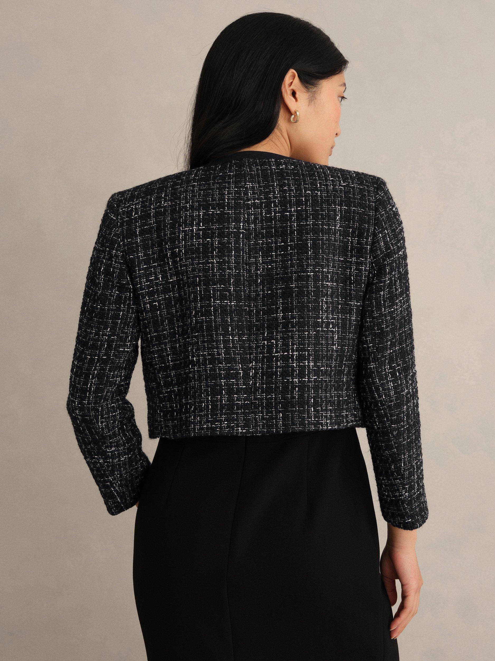 Product image 2 of 6, which shows Hobbs Esme Petite Tweed Cropped Jacket, Black/White, 6