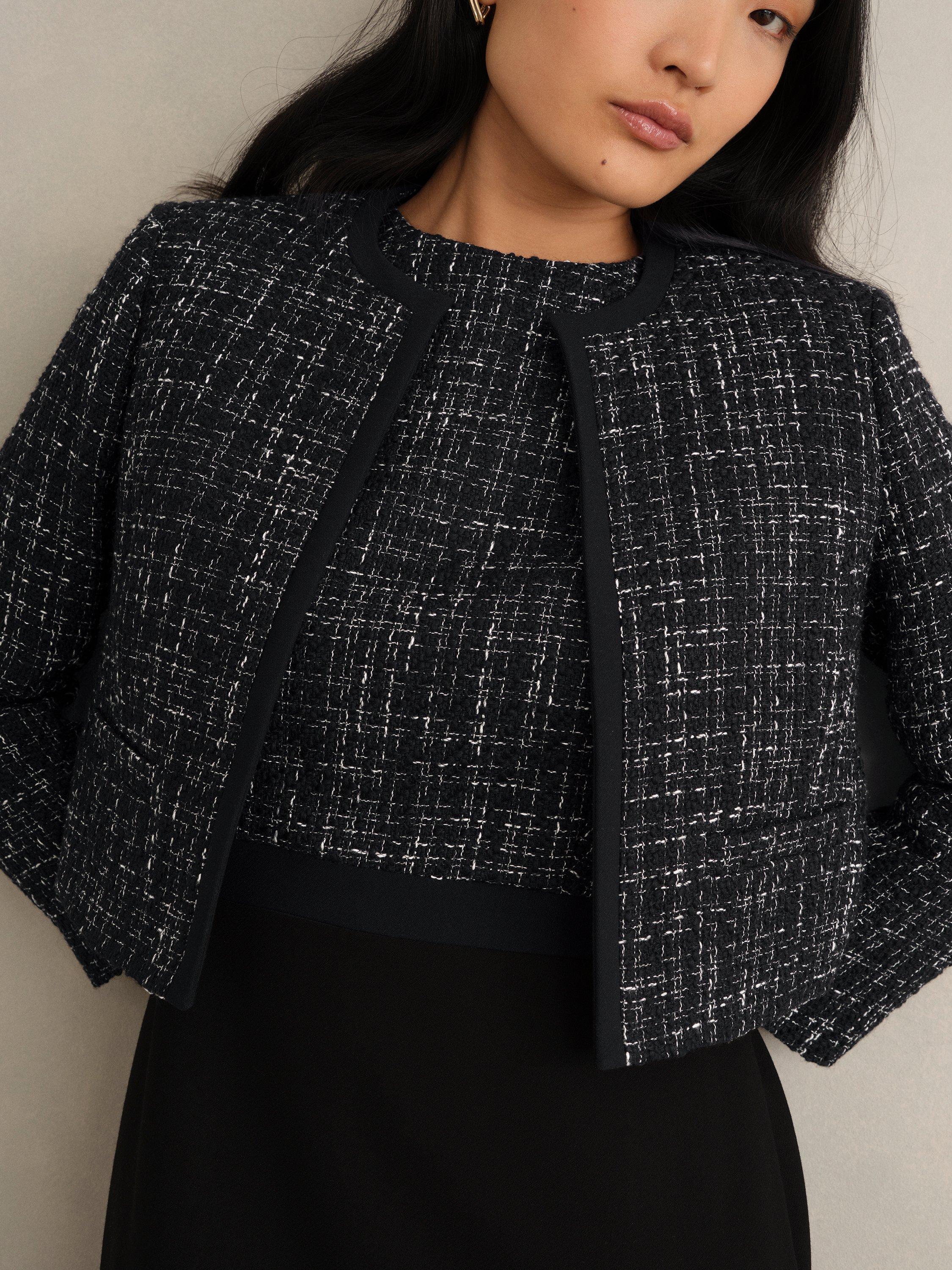 Product image 3 of 6, which shows Hobbs Esme Petite Tweed Cropped Jacket, Black/White, 6