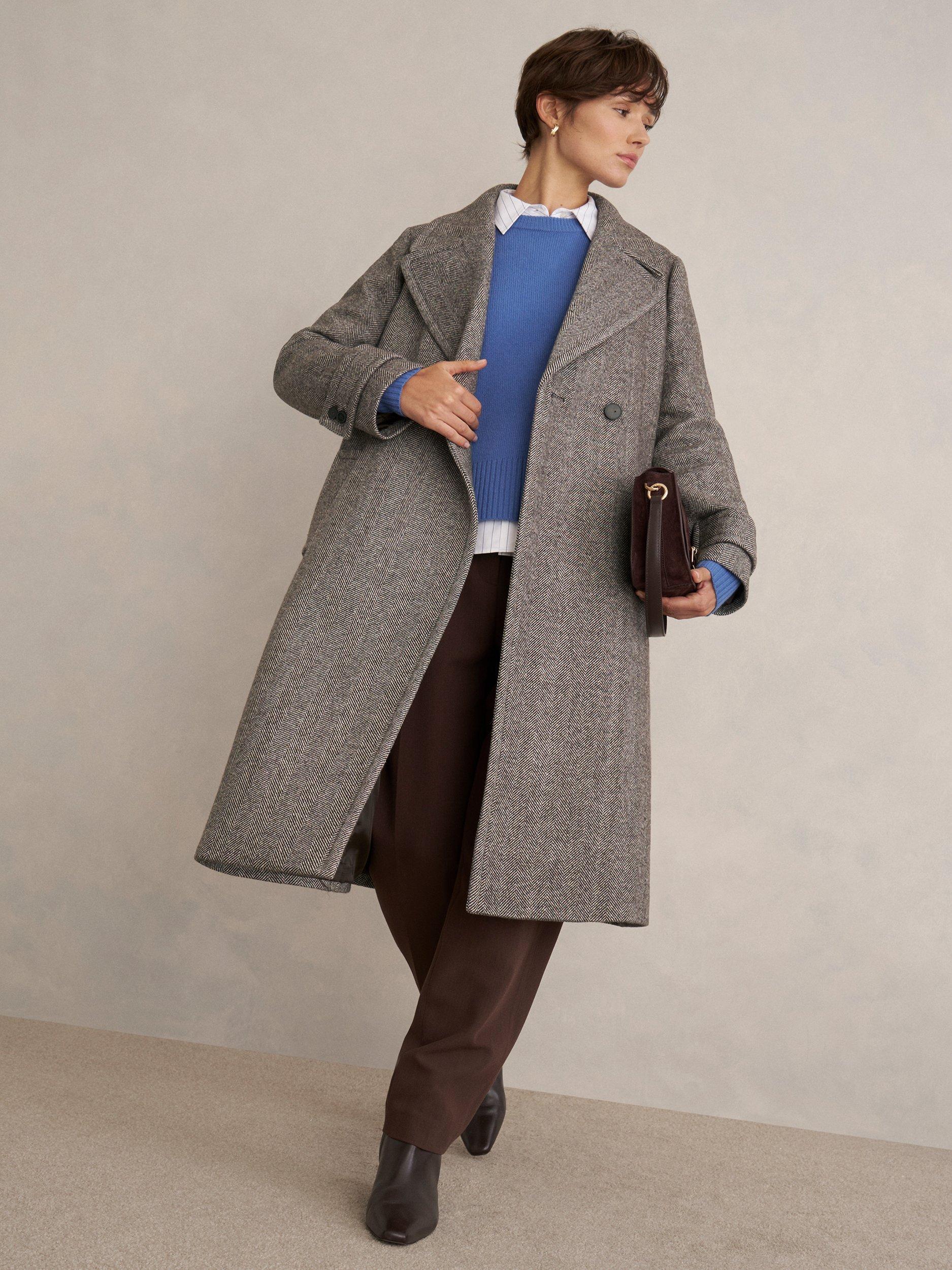 Product image 1 of 7, which shows Hobbs Prisha Herringbone Wool Rich Coat, Mocha, 10