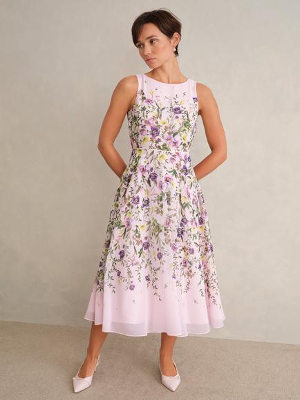 Hobbs Carly Placement Floral Dress, Pale Pink/Multi, Pale Pink/Multi