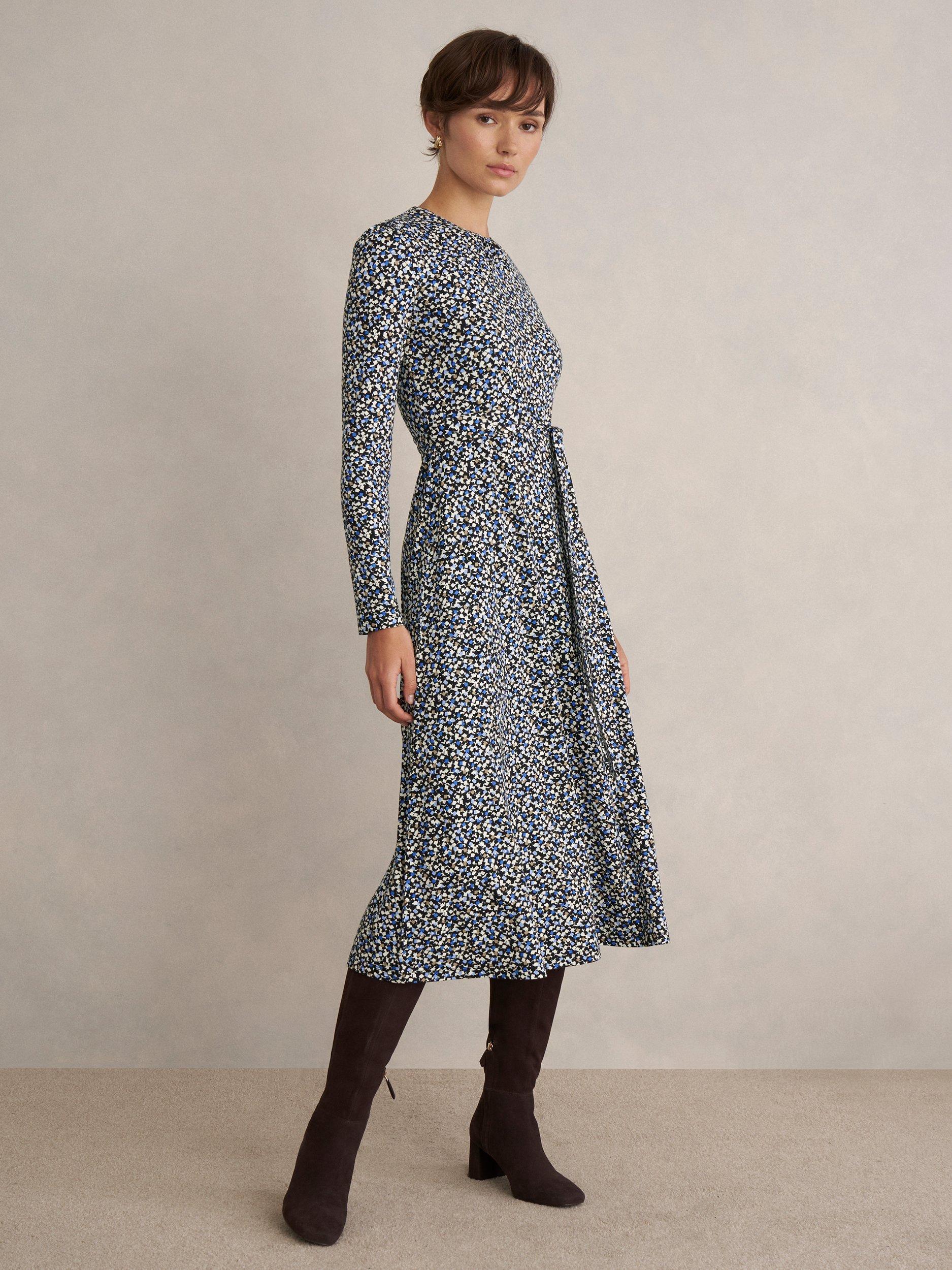 Product image 1 of 6, which shows Hobbs Dakota Geometric Jersey Dress, Navy/Multi, 10