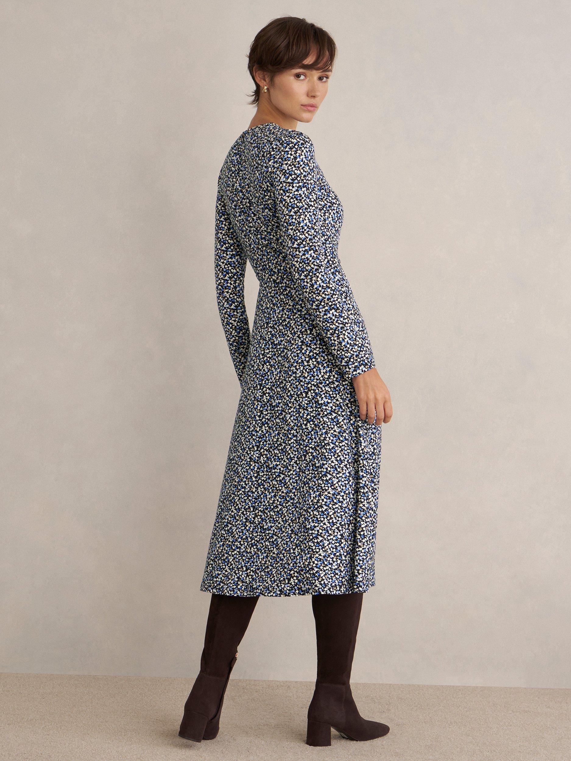 Product image 2 of 6, which shows Hobbs Dakota Geometric Jersey Dress, Navy/Multi, 10