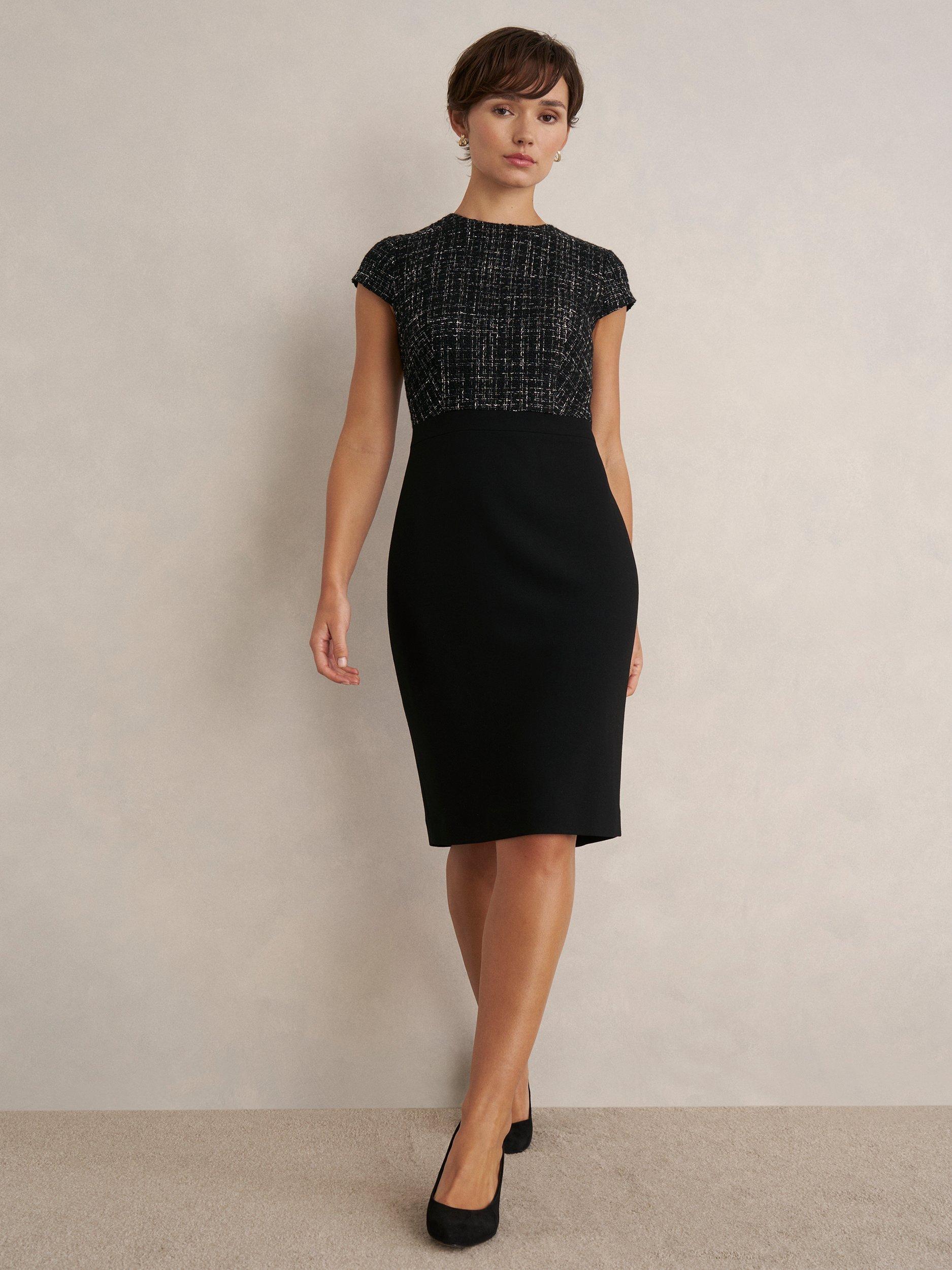 Product image 1 of 6, which shows Hobbs Esme Tweed Shift Dress, Black/White, 12