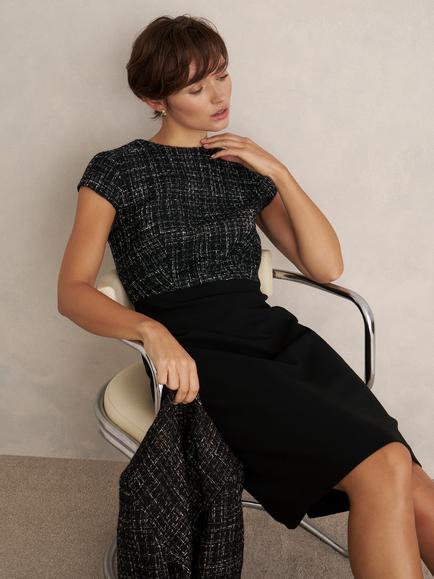 Hobbs Esme Tweed Shift Dress, Black/White - view 2, Black/White
