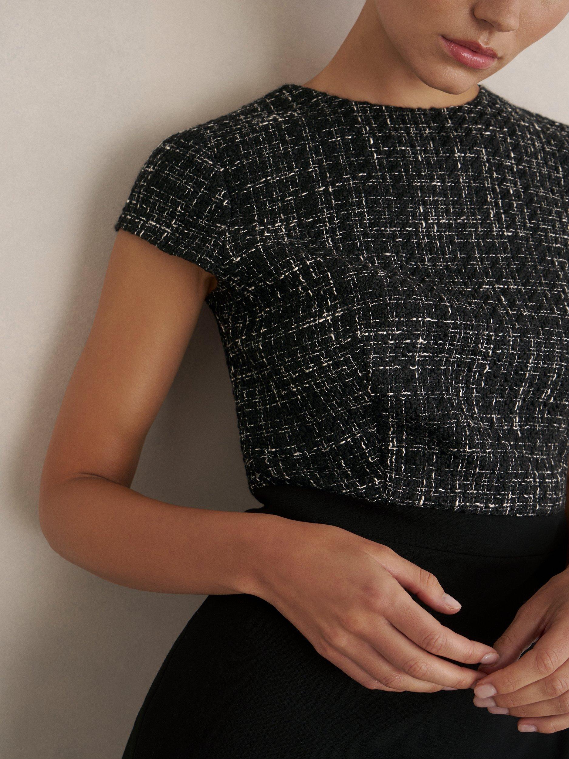 Product image 3 of 6, which shows Hobbs Esme Tweed Shift Dress, Black/White, 12