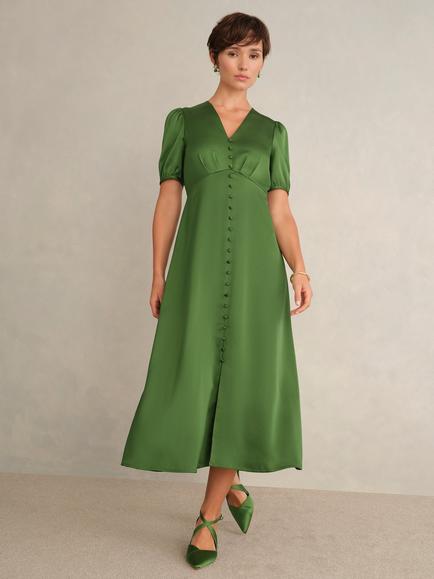 Hobbs Isabelle Hammered Satin Midi Dress, Bay Leaf Green, Bay Leaf Green