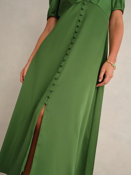 Hobbs Isabelle Hammered Satin Midi Dress, Bay Leaf Green - view 2, Bay Leaf Green
