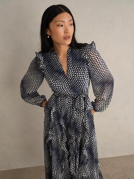 Hobbs Miriam Spot Print Midi Dress, Midnight/Cream - view 2, Midnight/Cream