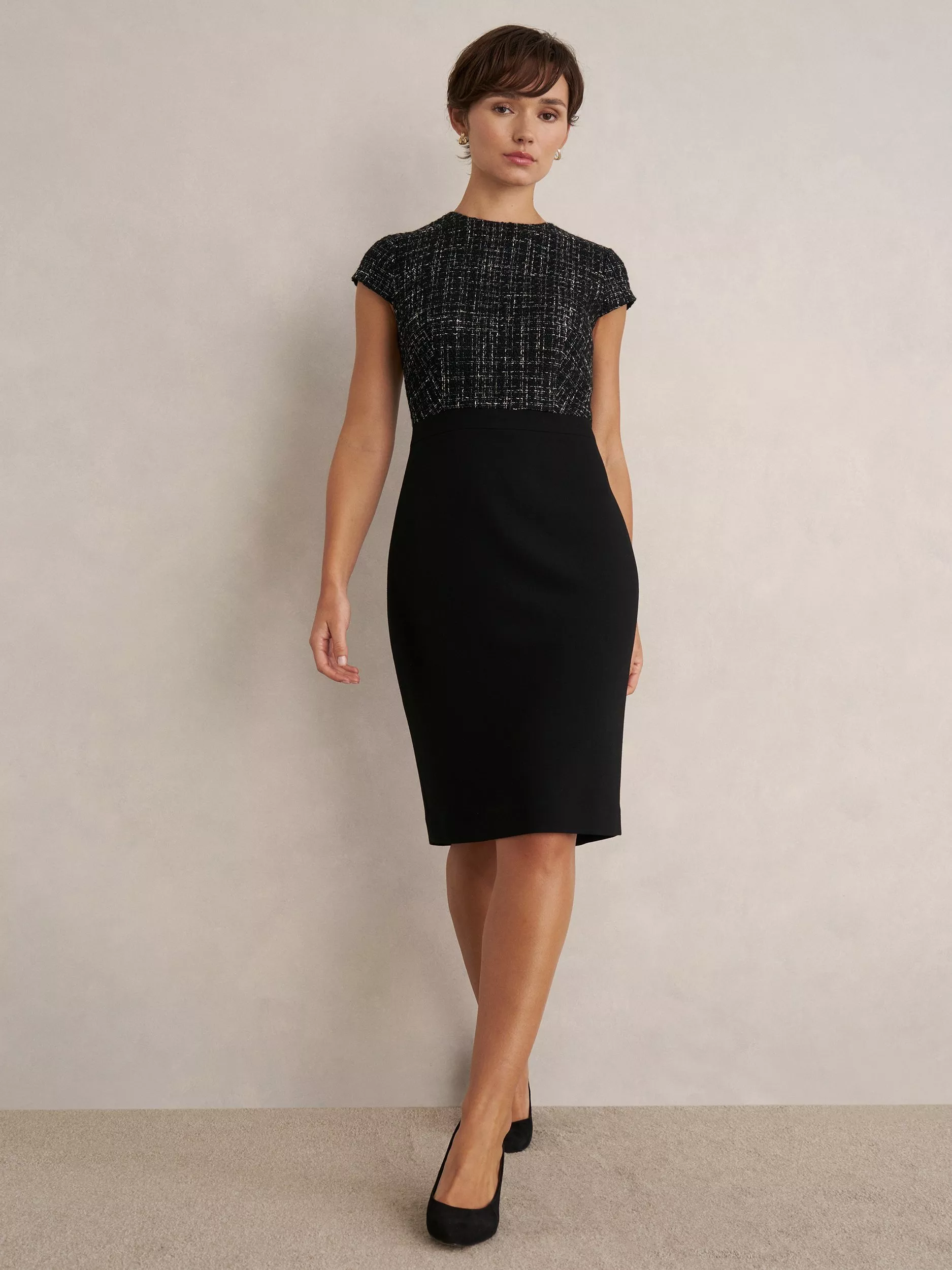 Hobbs Petite Esme Tweed Shift Dress, Black/White
