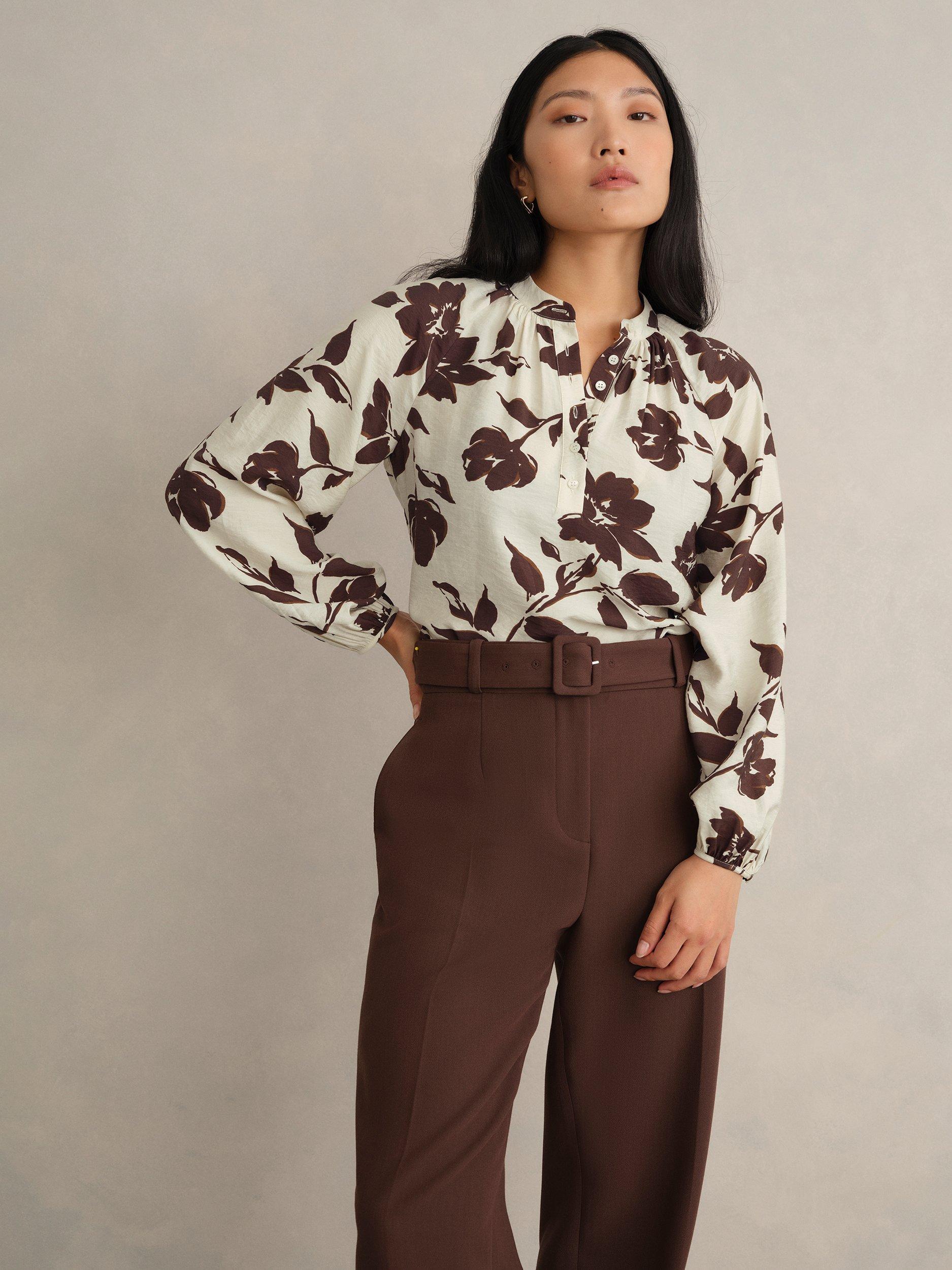 Product image 1 of 6, which shows Hobbs Sherry Floral Top, Beige/Chocolate, 10
