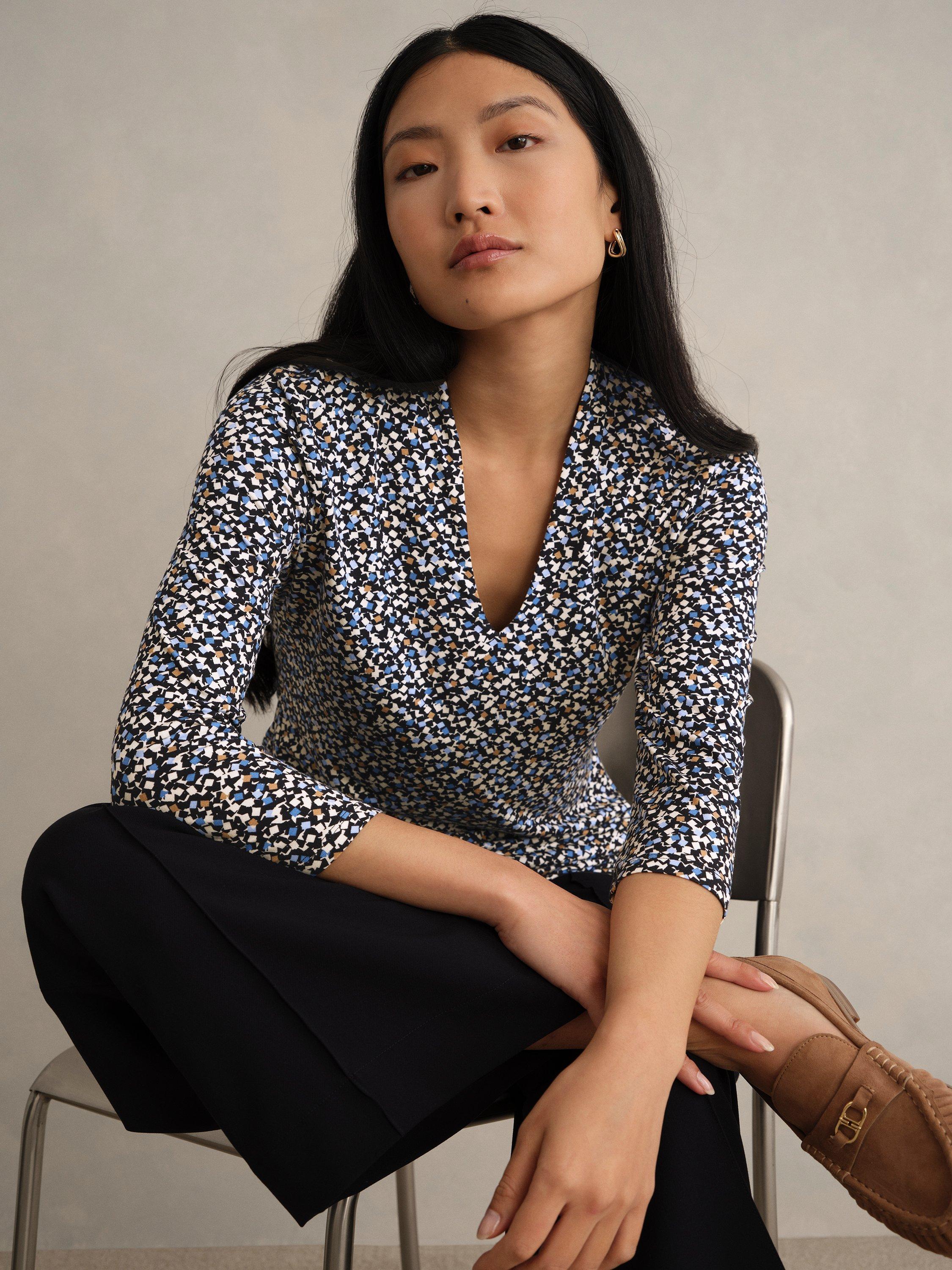 Product image 1 of 6, which shows Hobbs Aimee Geometric Jersey Top, Navy/Multi, L