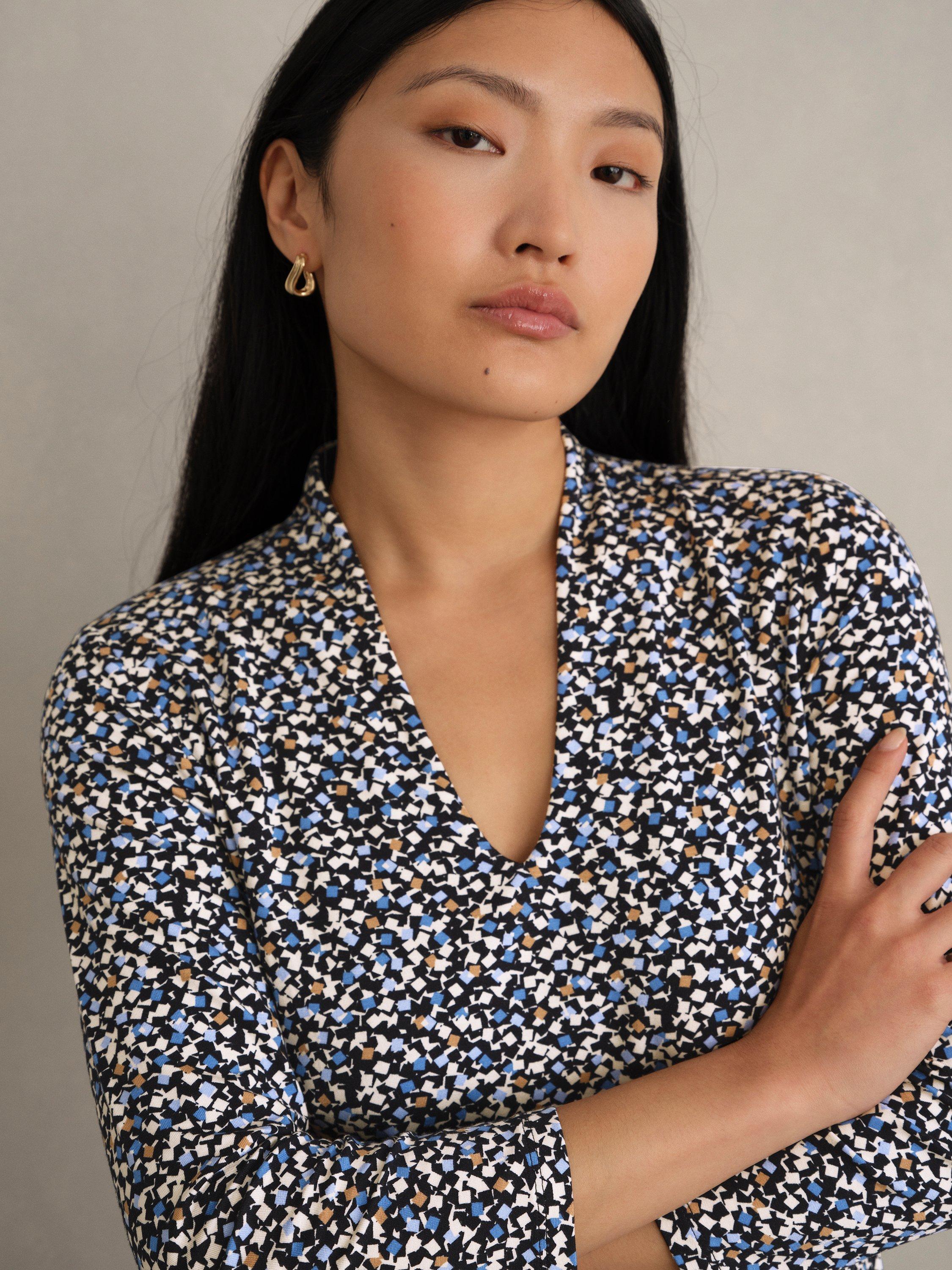 Product image 3 of 6, which shows Hobbs Aimee Geometric Jersey Top, Navy/Multi, L