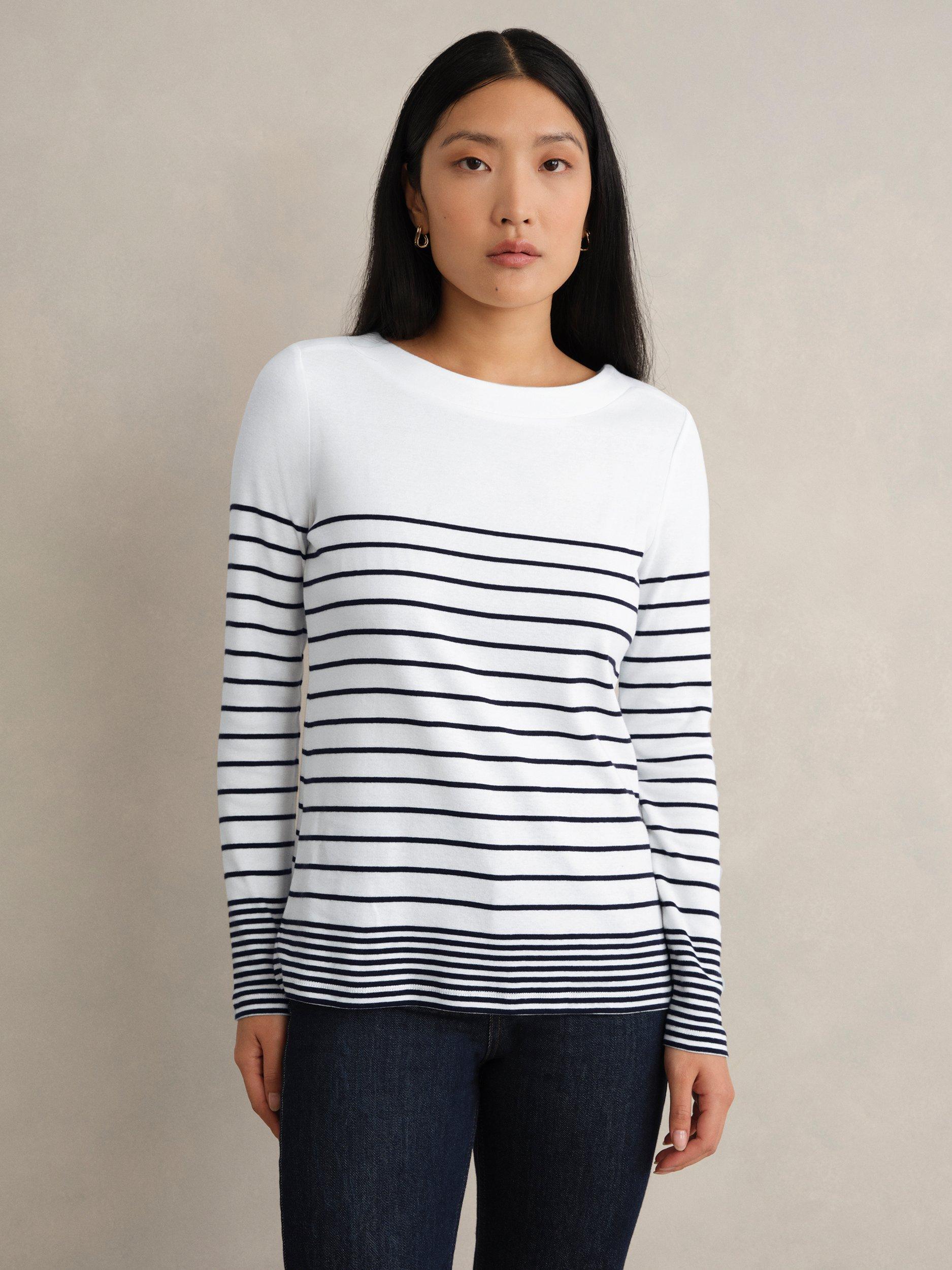 Product image 1 of 5, which shows Hobbs Constance Stripe Jersey Top, White/Navy, L