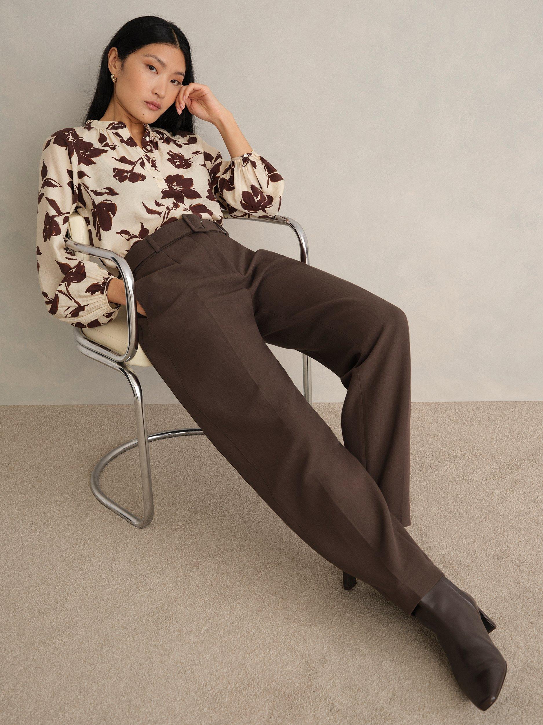 Product image 1 of 5, which shows Hobbs Trina Barrel Leg Tailored Trousers, Deep Brown, 10