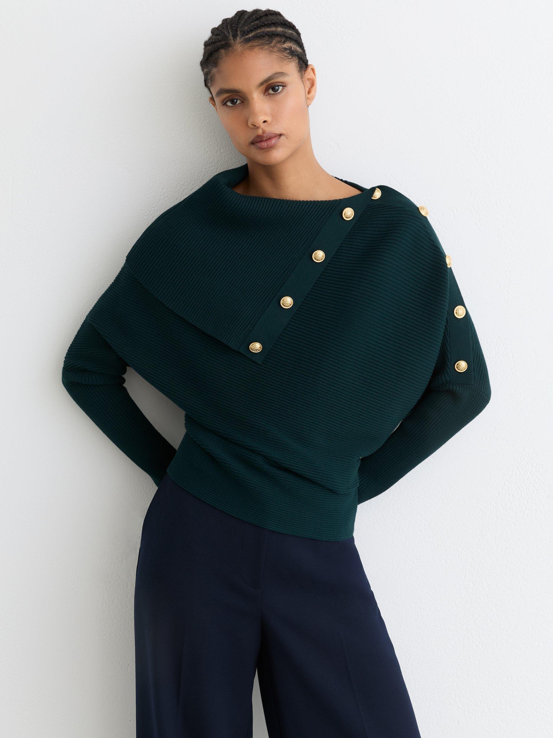 Product image 1 of 5, which shows Reiss Lexi Button Detail Jumper, Teal Blue, XS