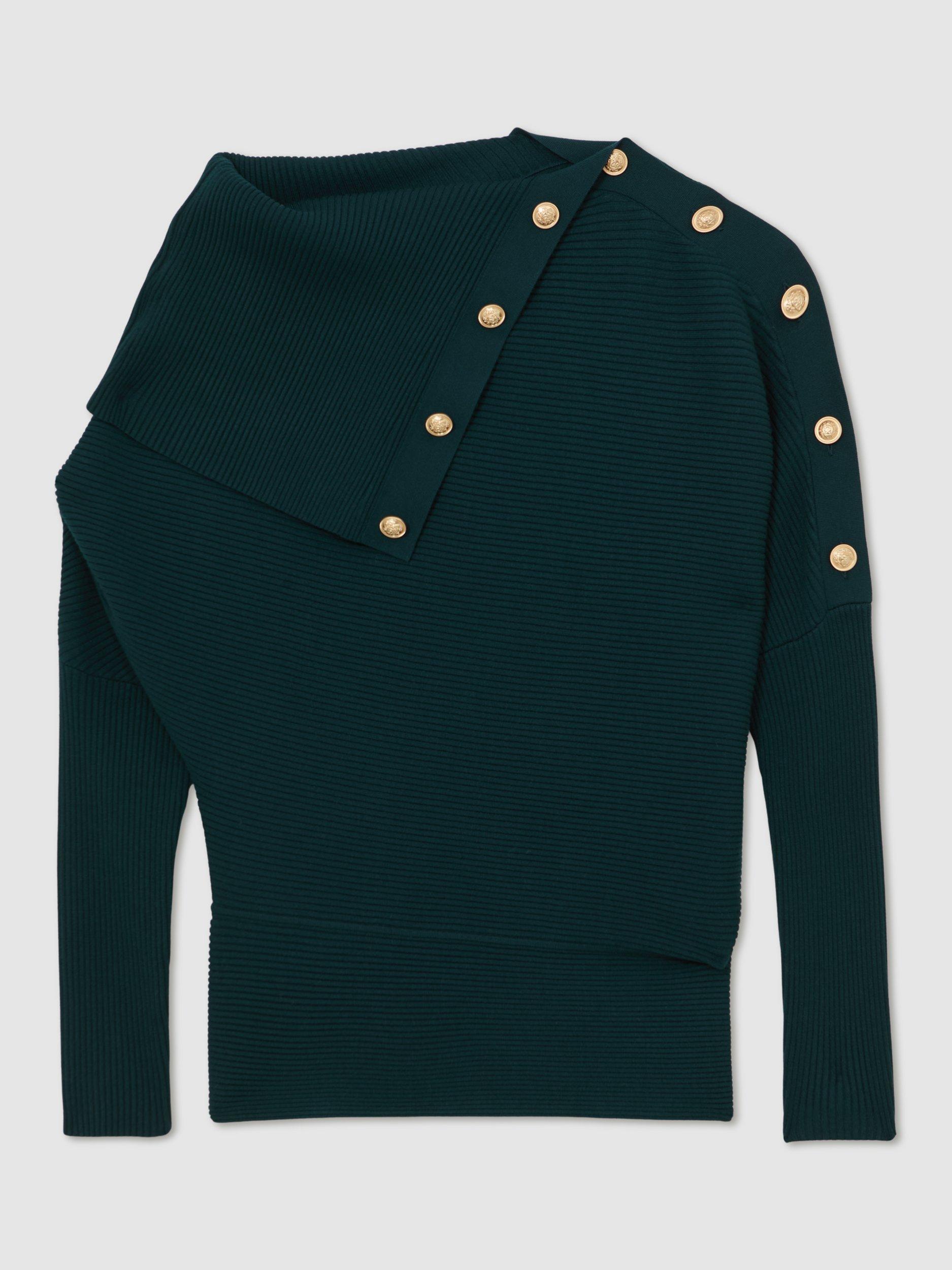 Product image 3 of 5, which shows Reiss Lexi Button Detail Jumper, Teal Blue, XS
