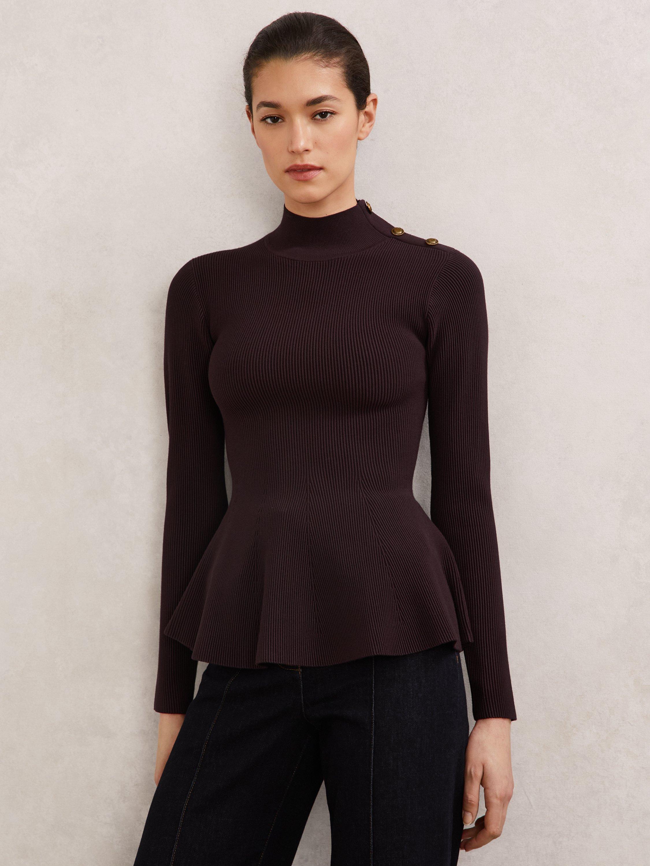 Product image 1 of 5, which shows Reiss Isabella Button Shoulder Jumper, Burgundy, XS