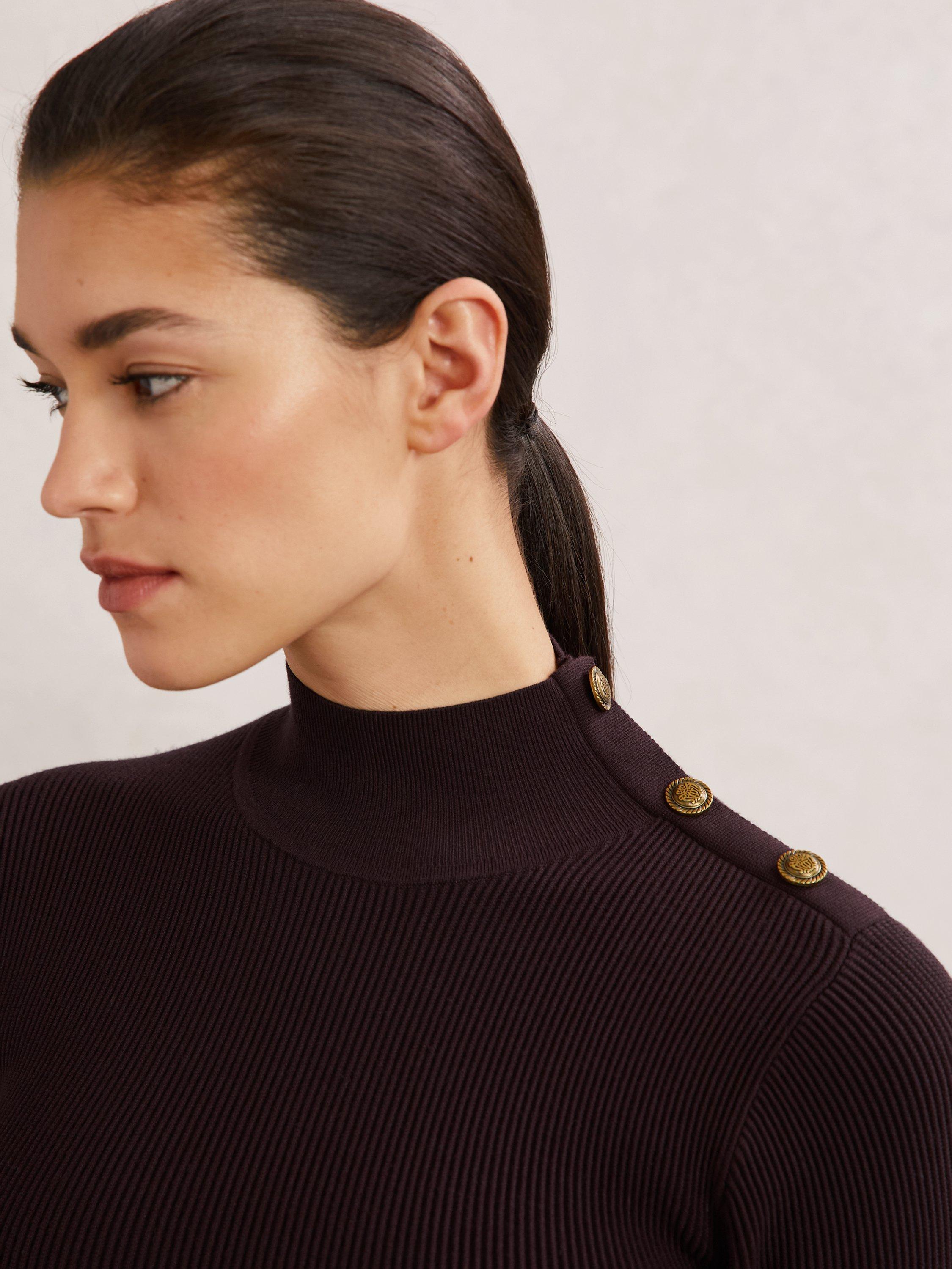 Product image 5 of 5, which shows Reiss Isabella Button Shoulder Jumper, Burgundy, XS