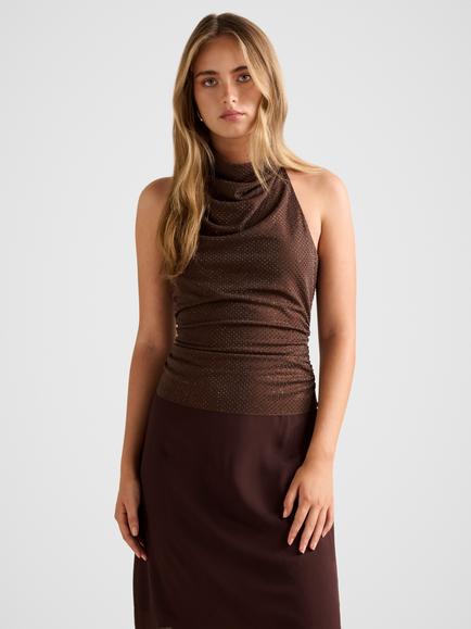Forever New Lucy Embellished Halterneck Top, Chocolate, Chocolate