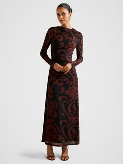 Forever New Petite Joni Long Sleeve Mesh Midi Dress, Red/Multi, Red/Multi