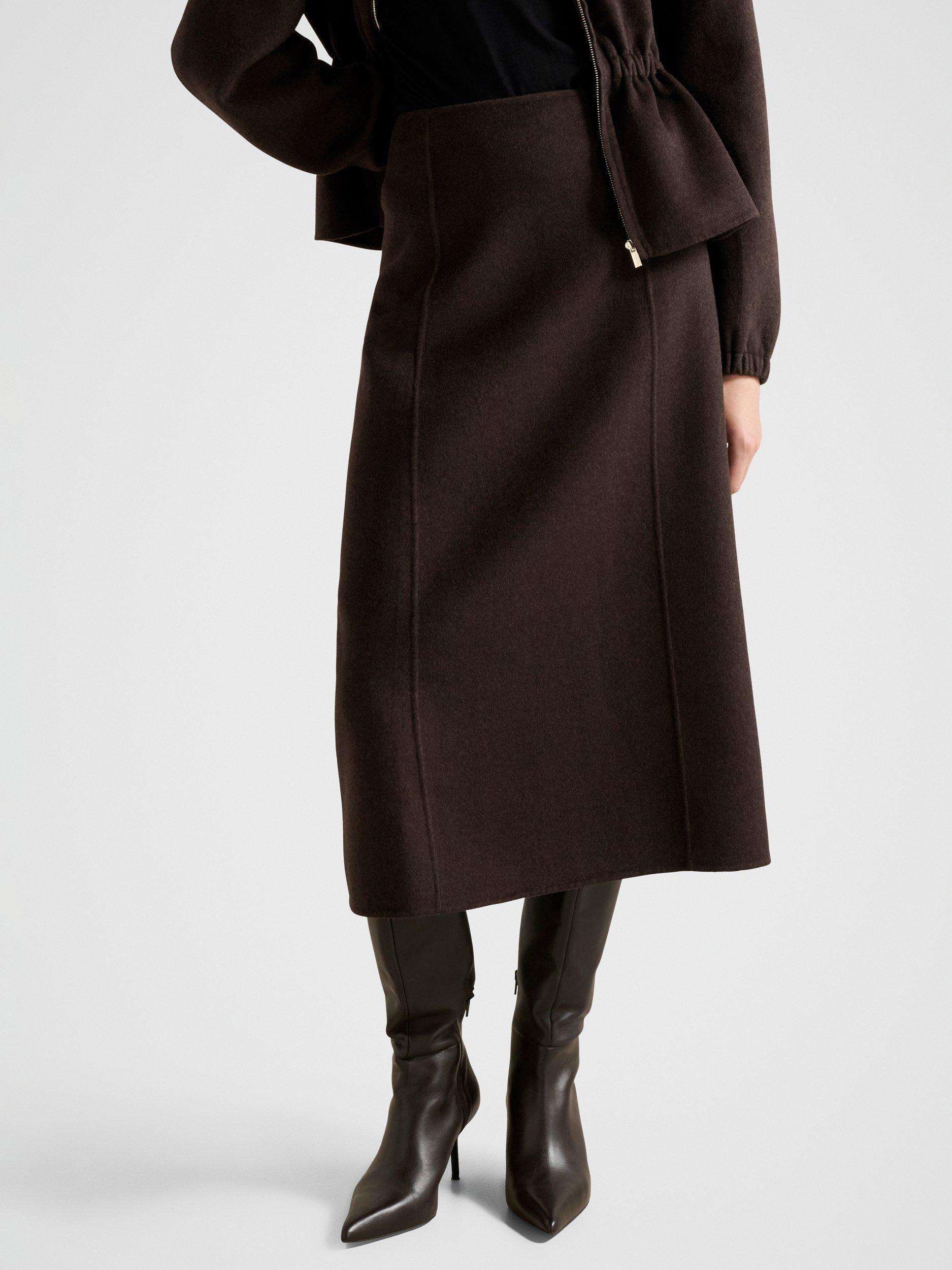 Product image 1 of 5, which shows Forever New Amara Felled Wool Rich Circle Skirt, Chocolate Set, 4