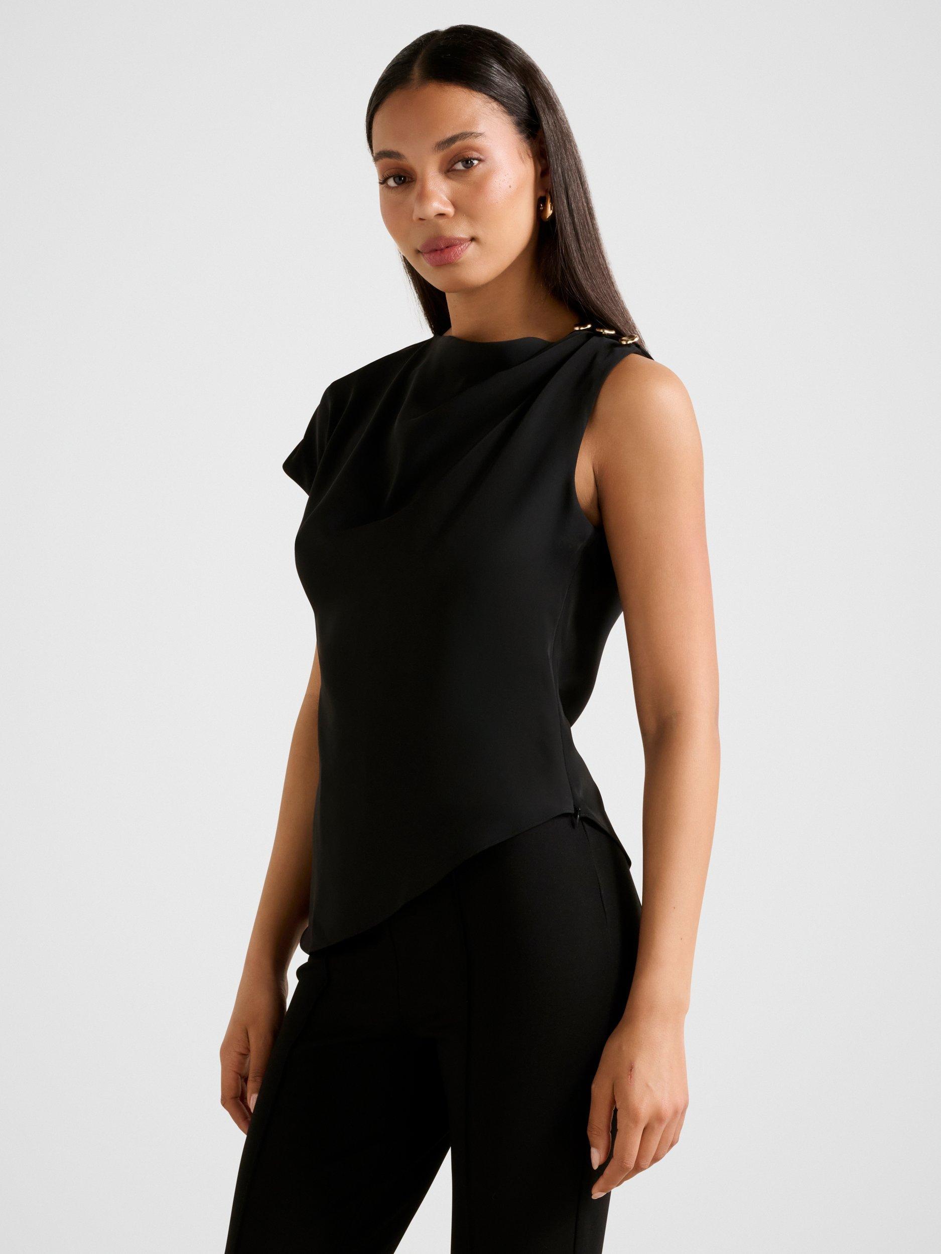 Product image 3 of 5, which shows Forever New Aubery Asymmetric Draped Top, Black, 4
