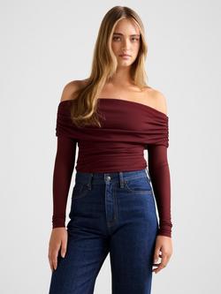 Forever New Kaia Ruched Mesh Bardot Neck Top, Deep Maroon, Deep Maroon