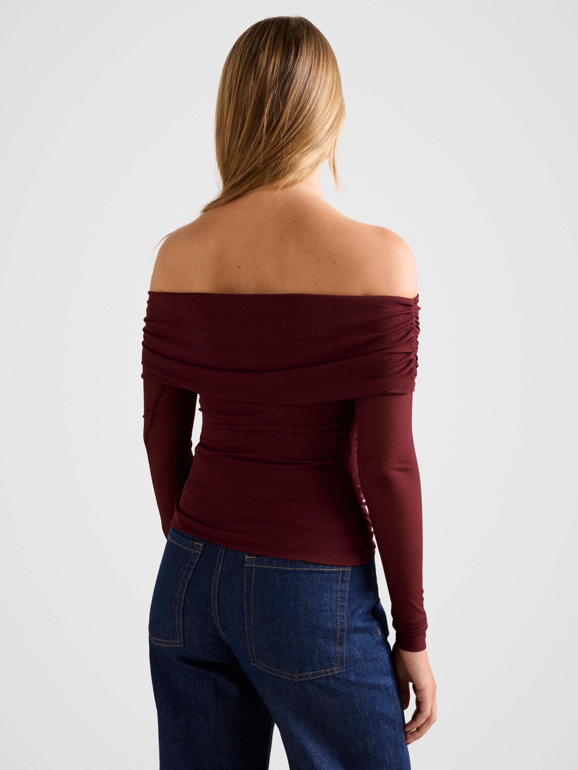Product image 2 of 5, which shows Forever New Kaia Ruched Mesh Bardot Neck Top, Deep Maroon, 4