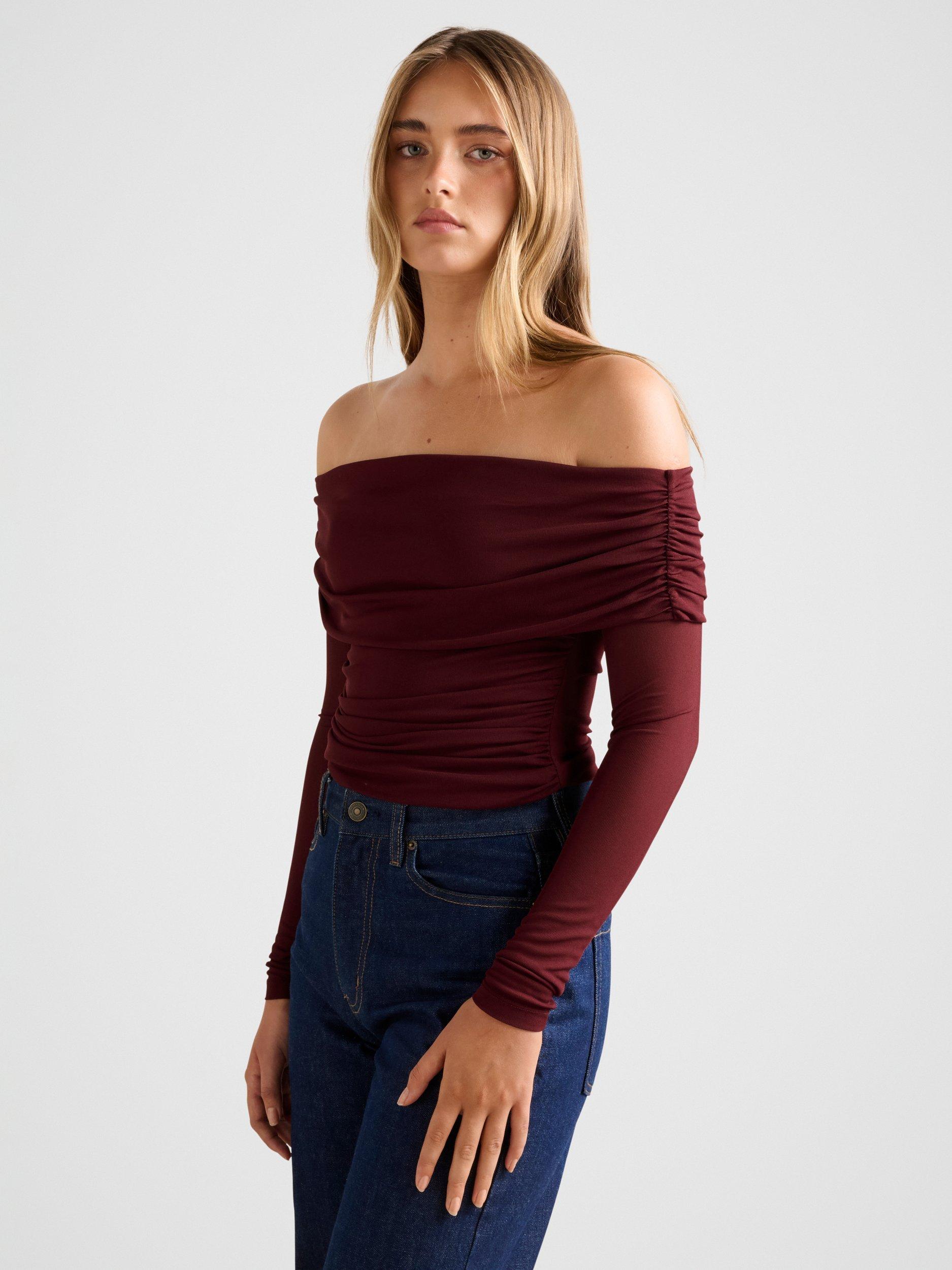 Product image 3 of 5, which shows Forever New Kaia Ruched Mesh Bardot Neck Top, Deep Maroon, 4