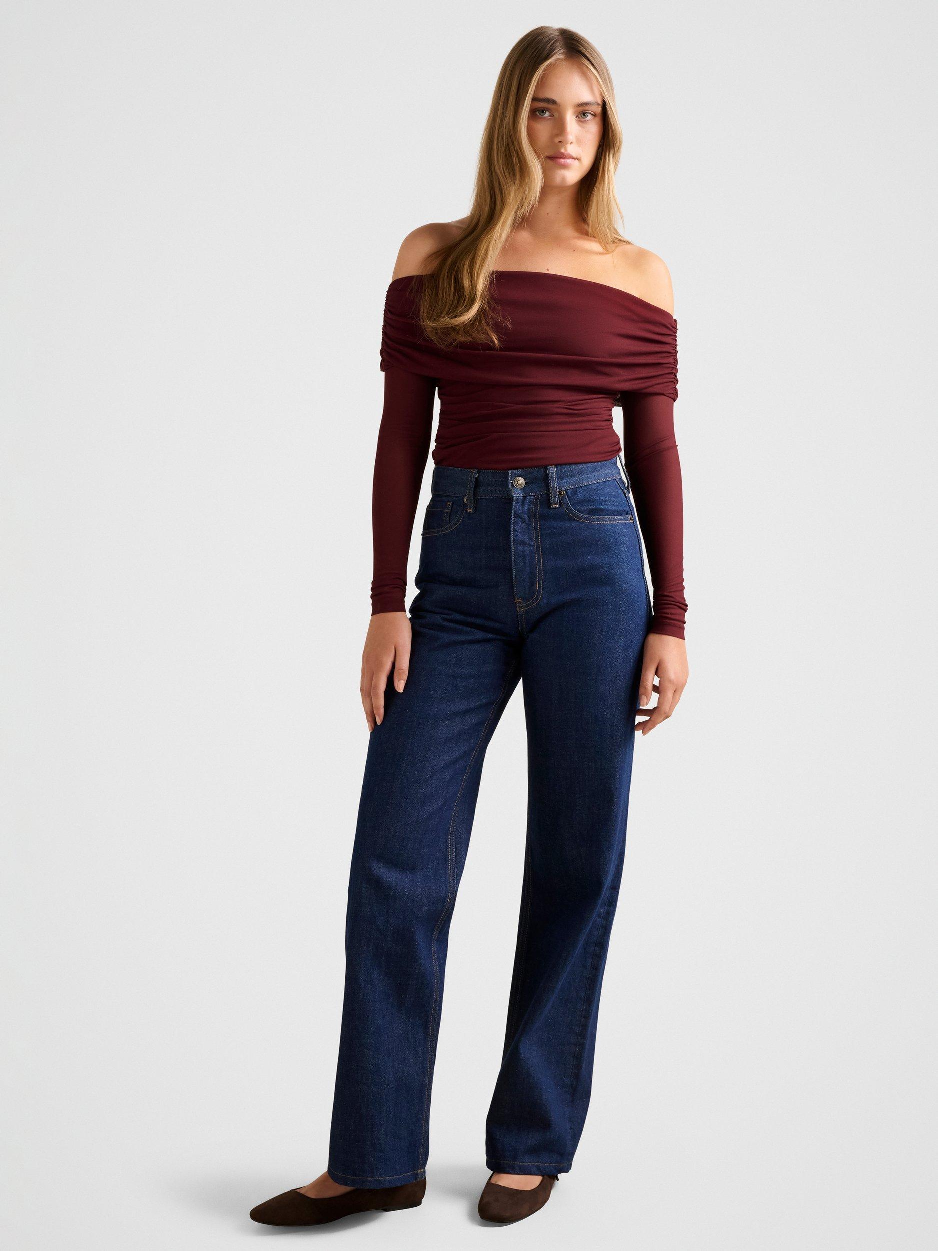 Product image 5 of 5, which shows Forever New Kaia Ruched Mesh Bardot Neck Top, Deep Maroon, 4