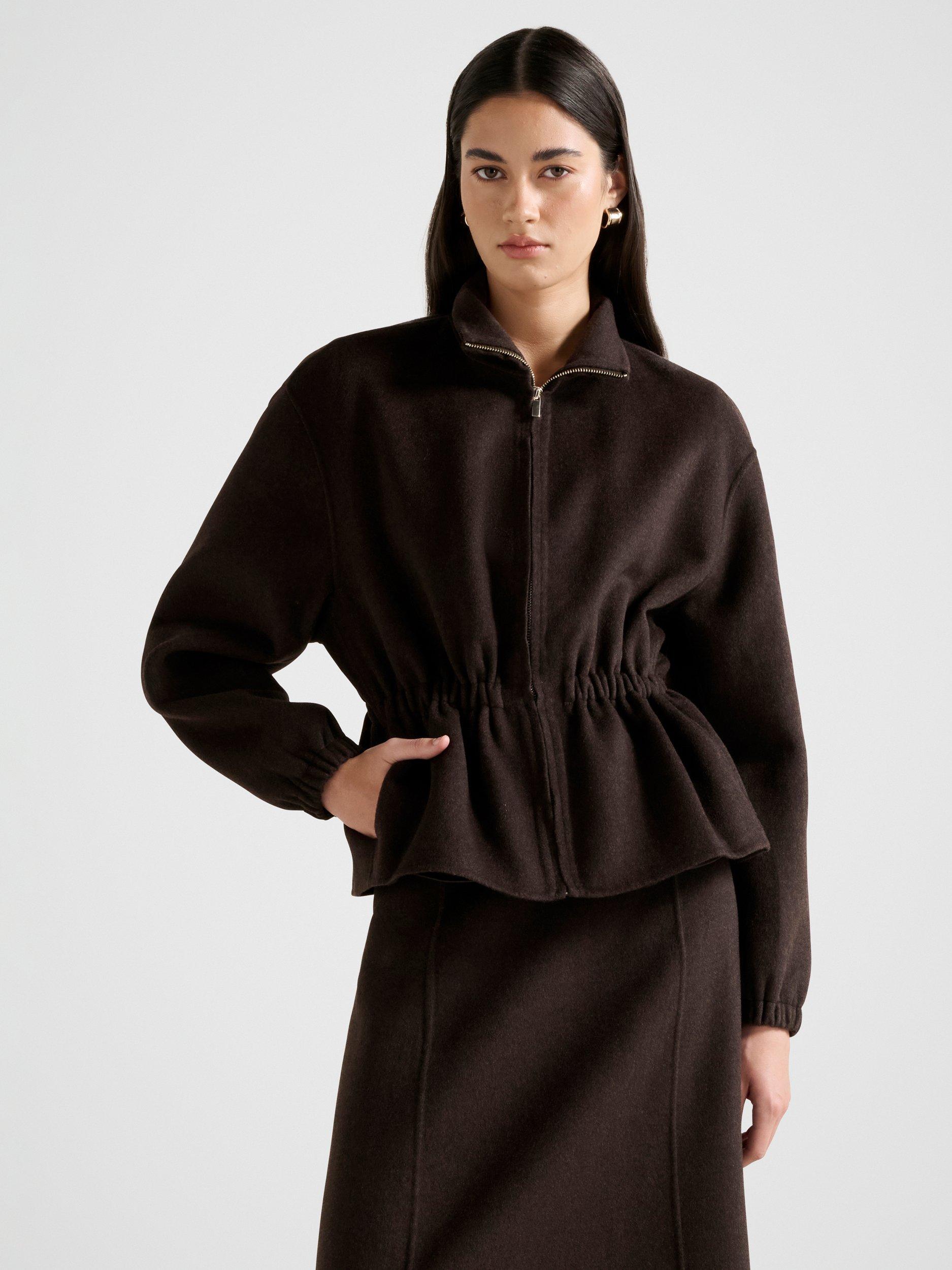 Product image 1 of 5, which shows Forever New Amara Elastic Waist Wool Rich Jacket, Chocolate Set, 4