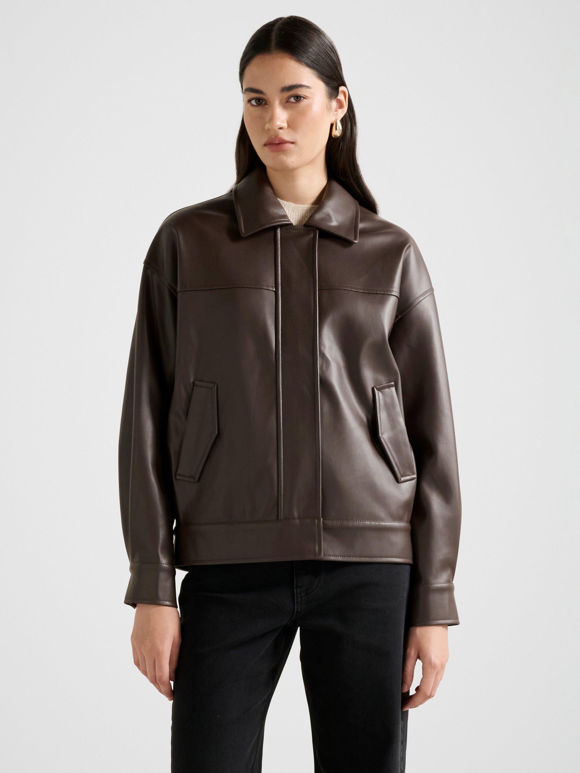 Product image 1 of 5, which shows Forever New Maxine Faux Leather Bomber Jacket, Cocoa, 4