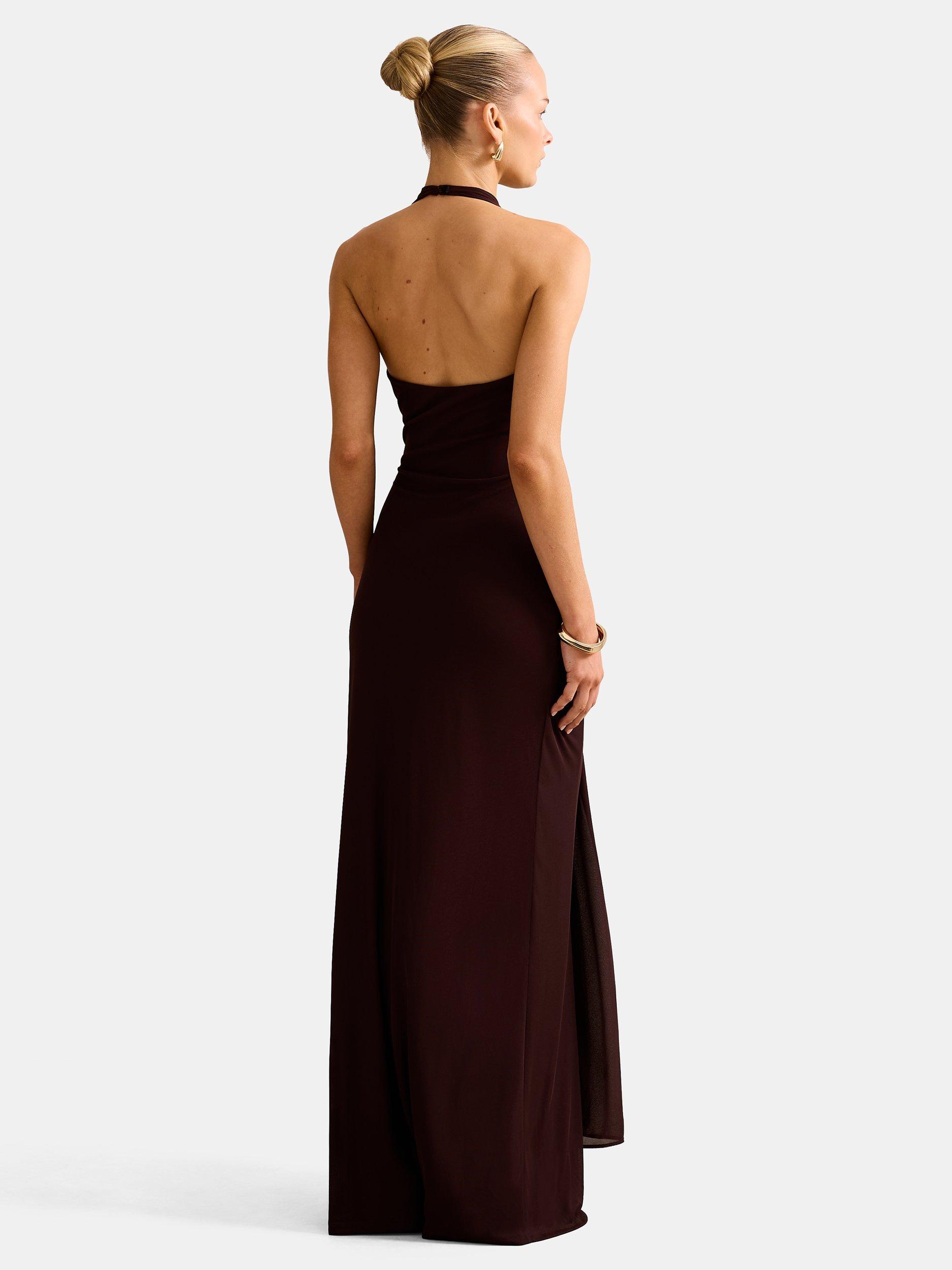 Product image 2 of 5, which shows Forever New Abby Halterneck Mesh Maxi Dress, Chocolate, 4