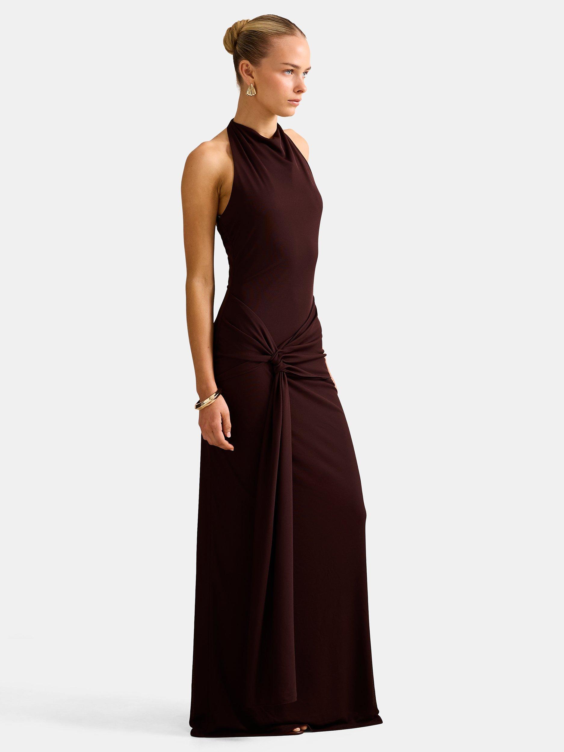 Product image 3 of 5, which shows Forever New Abby Halterneck Mesh Maxi Dress, Chocolate, 4
