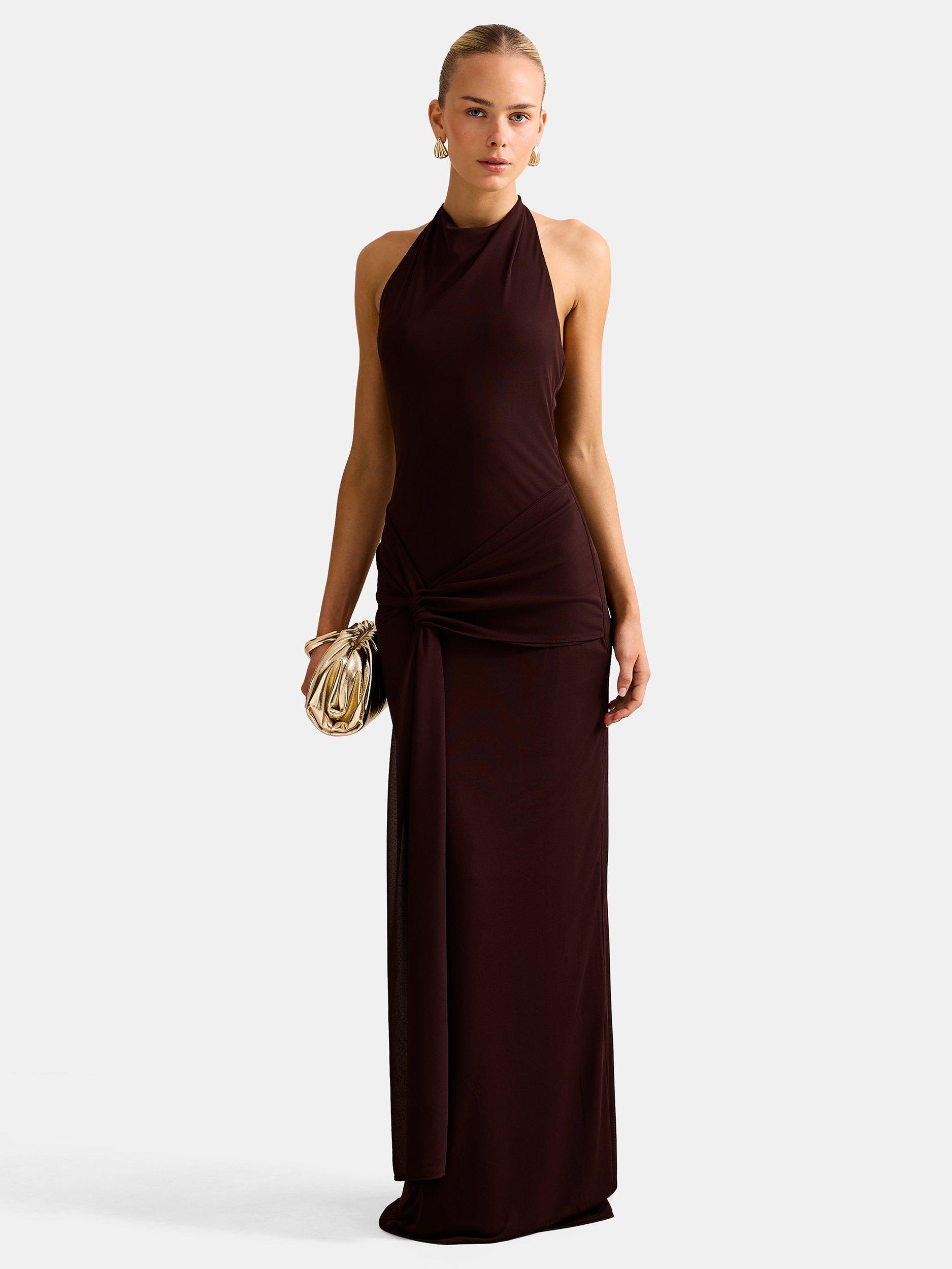Product image 5 of 5, which shows Forever New Abby Halterneck Mesh Maxi Dress, Chocolate, 4