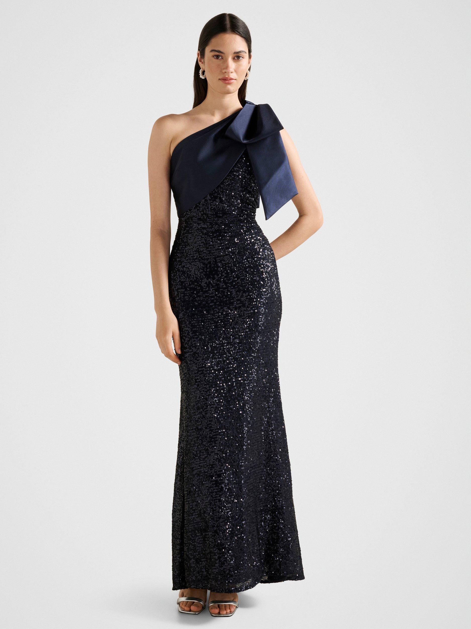 Product image 1 of 4, which shows Forever New Delta Sequin Bow Maxi Dress, Navy, 4