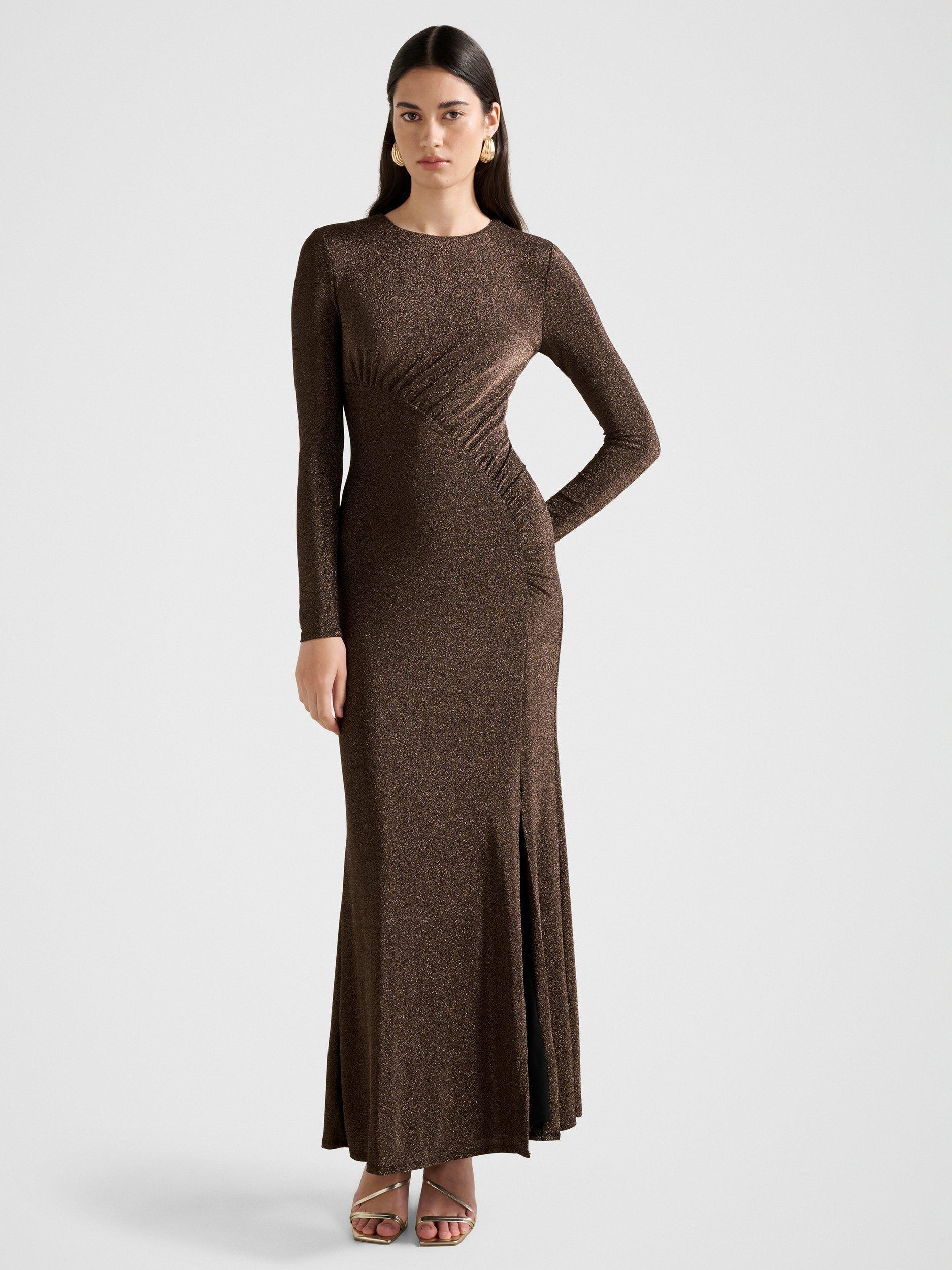 Product image 1 of 4, which shows Forever New Farrah Glitter Draped Maxi Dress, Dark Bronze, 4