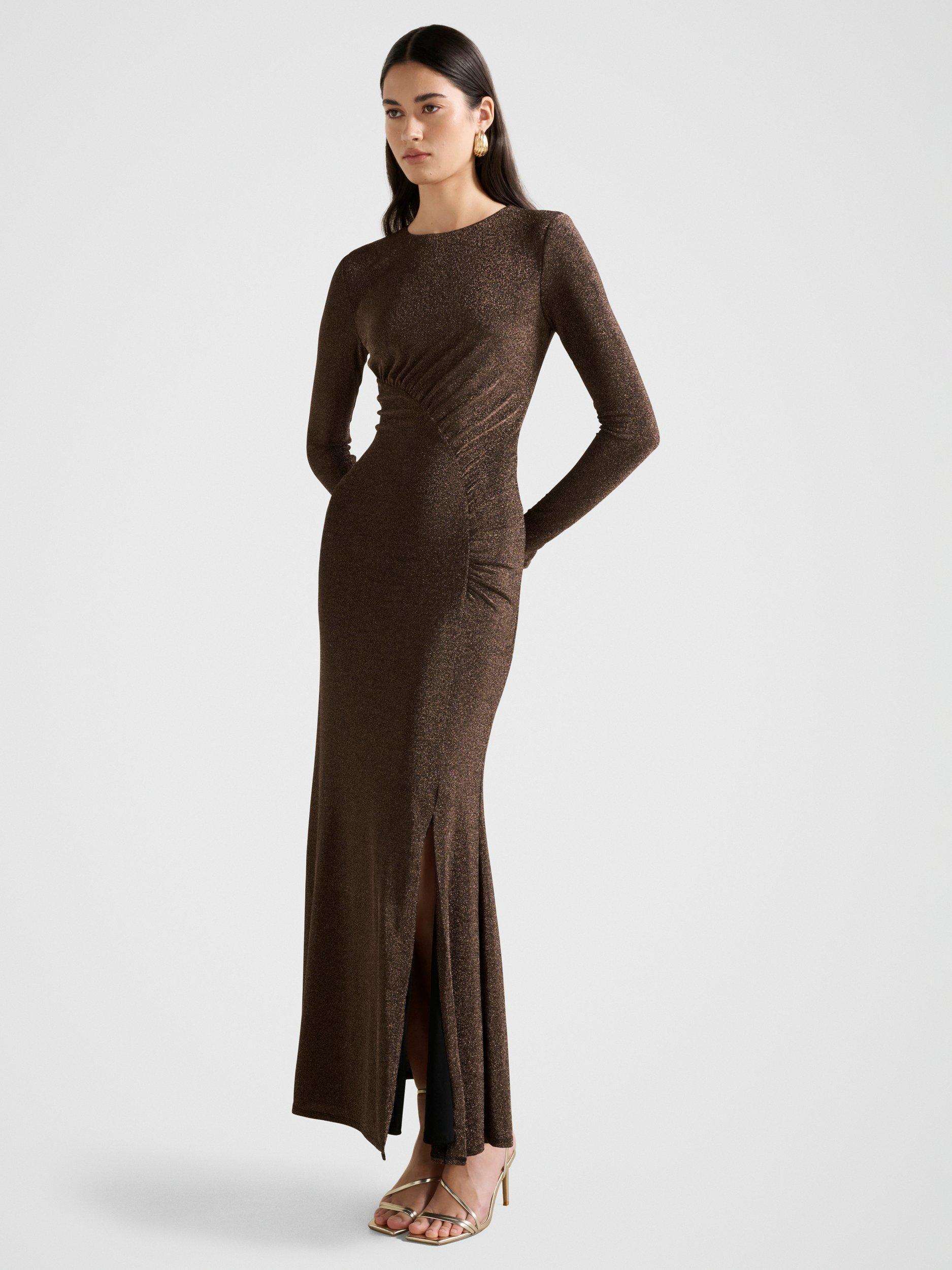 Product image 3 of 4, which shows Forever New Farrah Glitter Draped Maxi Dress, Dark Bronze, 4