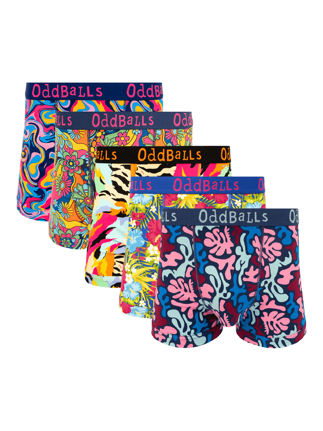 Product image 1 of 11, which shows OddBalls Mixed Cotton Blend Boxers, Pack of 5, Multi, S