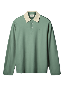 forét Herb Long Sleeve Cotton Polo Shirt, Green Oxide, Green Oxide