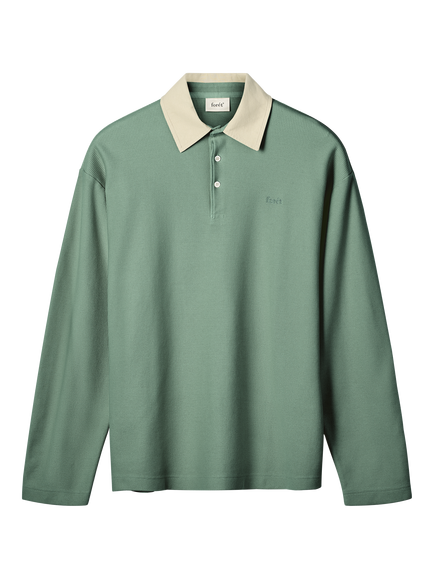 forét Herb Long Sleeve Cotton Polo Shirt, Green Oxide, Green Oxide