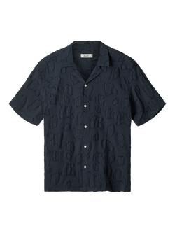 forét Peer Button Through Short Sleeve Cotton Shirt, Navy, Navy