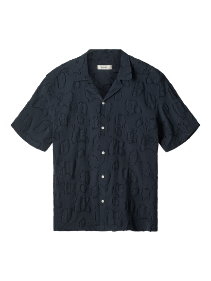 forét Peer Button Through Short Sleeve Cotton Shirt, Navy, Navy