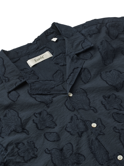 forét Peer Button Through Short Sleeve Cotton Shirt, Navy - view 2, Navy