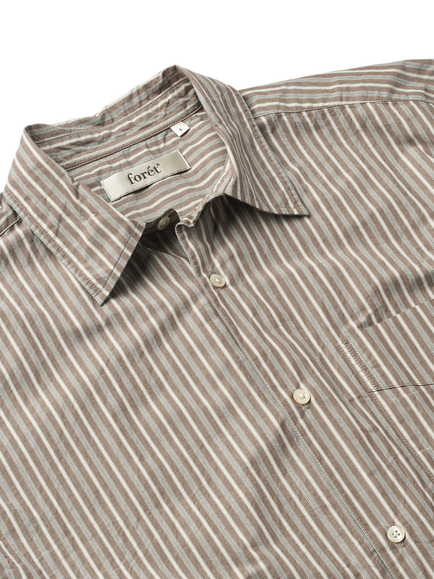 forét Typewriter Stripe Short Sleeve Cotton Shirt, Brown Stripe - view 2, Brown Stripe