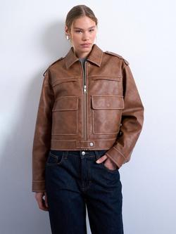 Topshop Heavy Washed Faux Leather Jacket, Brown, Brown