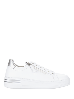 Gabor Kara Wide Fit Flatform Leather Trainers, White/Silver, White/Silver