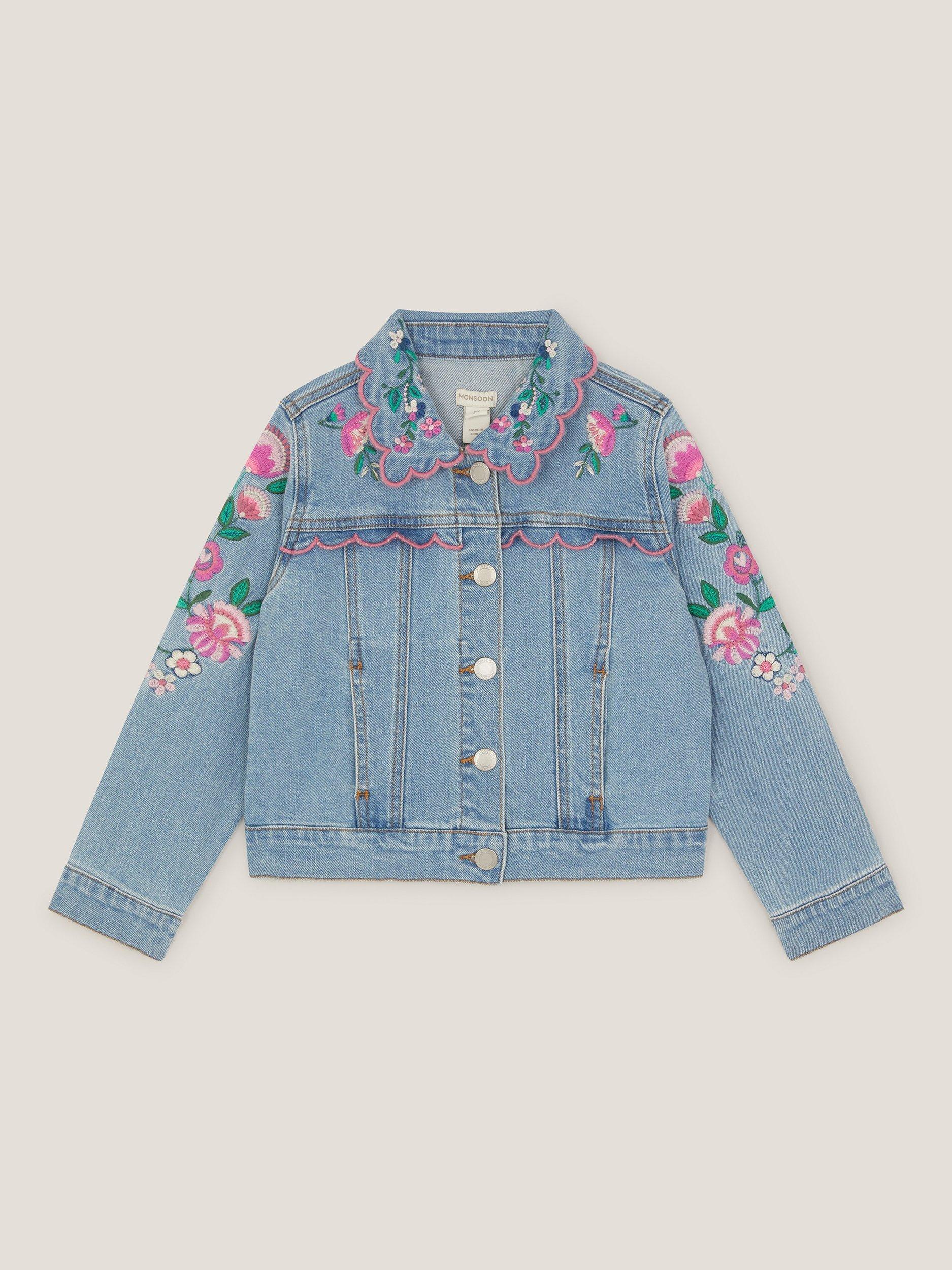 Product image 1 of 4, which shows Monsoon Kids' Floral Denim Jacket, Blue, 3-4 years