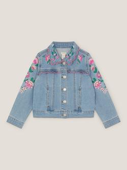 Monsoon Kids' Floral Denim Jacket, Blue, Blue