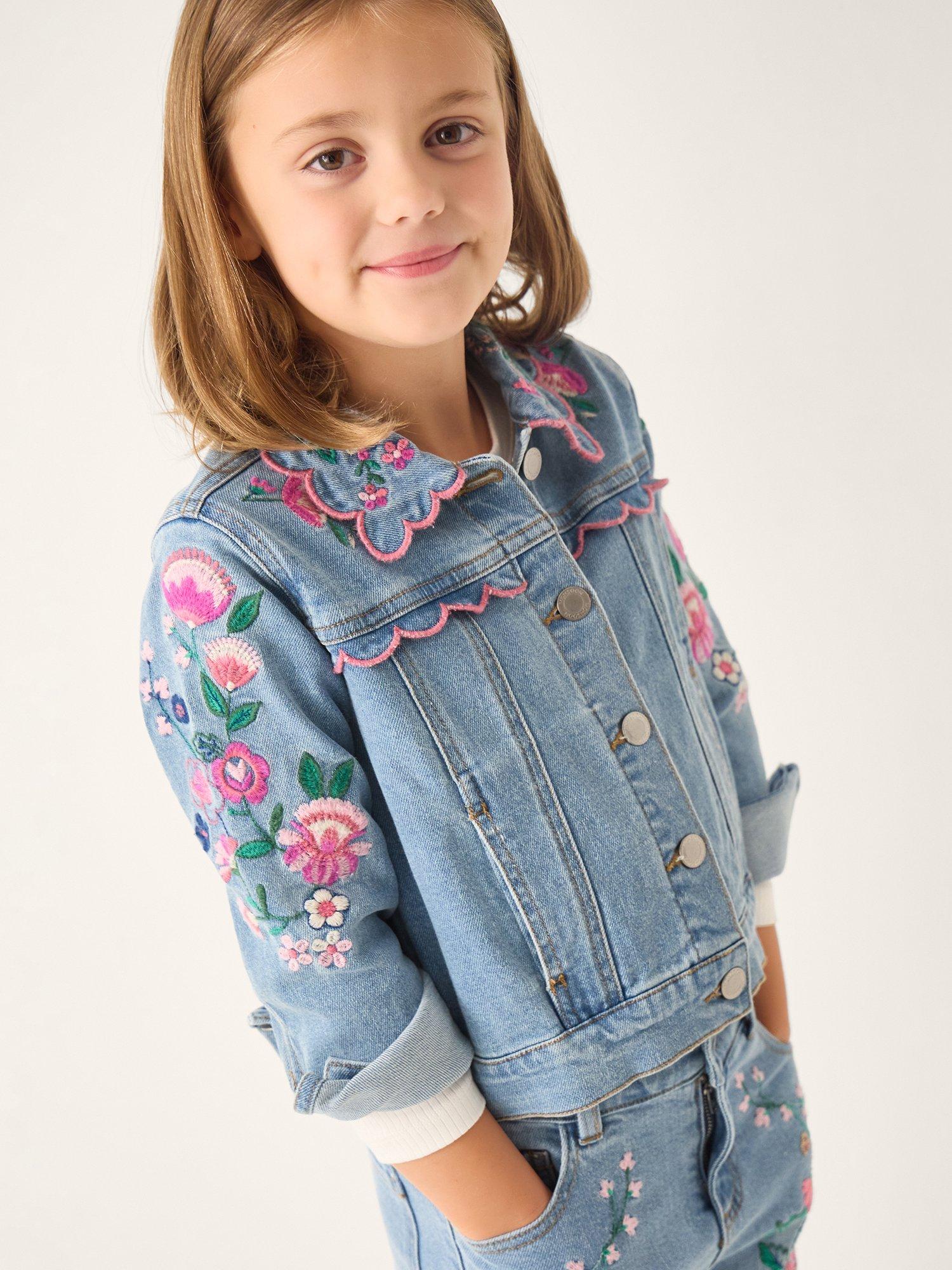 Product image 2 of 4, which shows Monsoon Kids' Floral Denim Jacket, Blue, 3-4 years